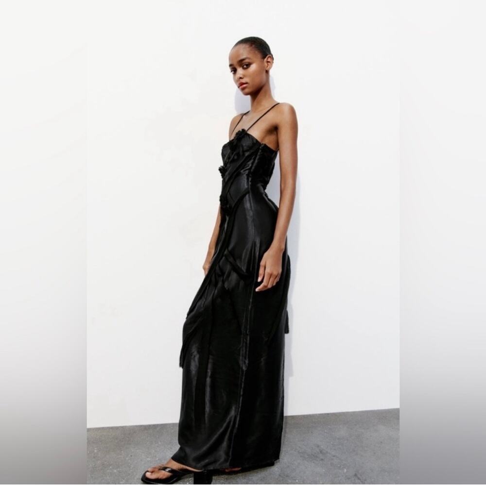 Zara Satin Midi Slip Dress Size M Black Rushed Fairy Goth Witchy Whimsygoth